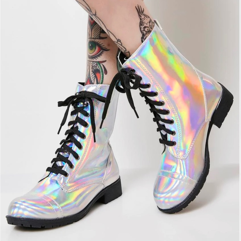 Metallic combat boots (silver/hologram/black) size 7 shoes